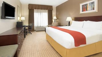 Desk, laptop workspace, blackout curtains, iron/ironing board