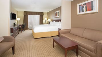 Una habitación de hotel con cama, sofá, escritorio con silla, televisor y un cuadro en la pared.