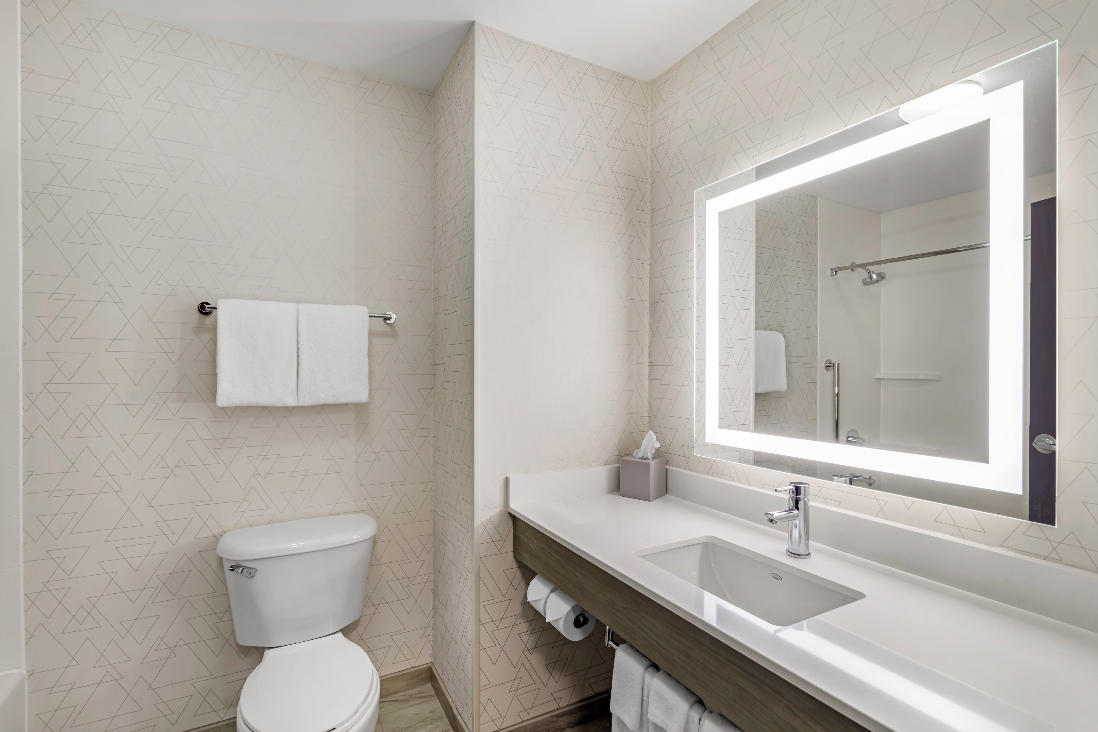 A modern bathroom with a toilet, sink, and a large mirror.