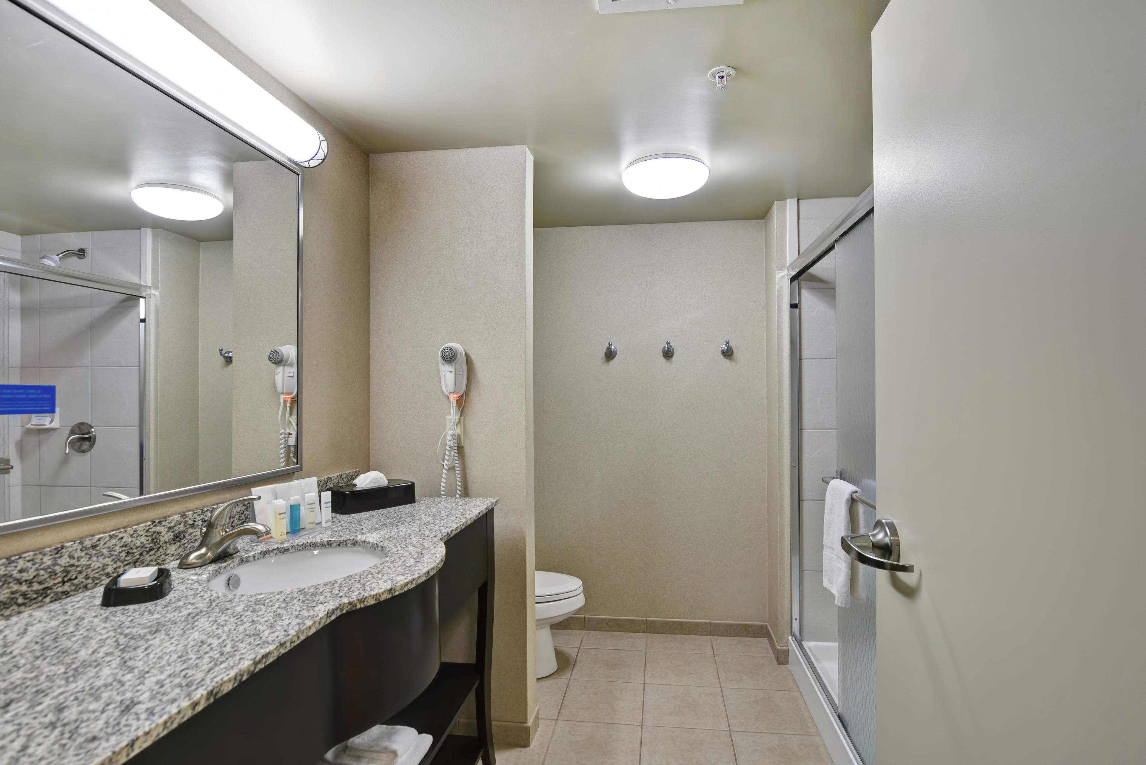 A bathroom with a granite countertop sink, a mirror, a toilet, a shower, and a towel rack.