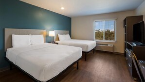 Habitación de hotel con dos camas, televisor, calefacción y ventana con persianas.