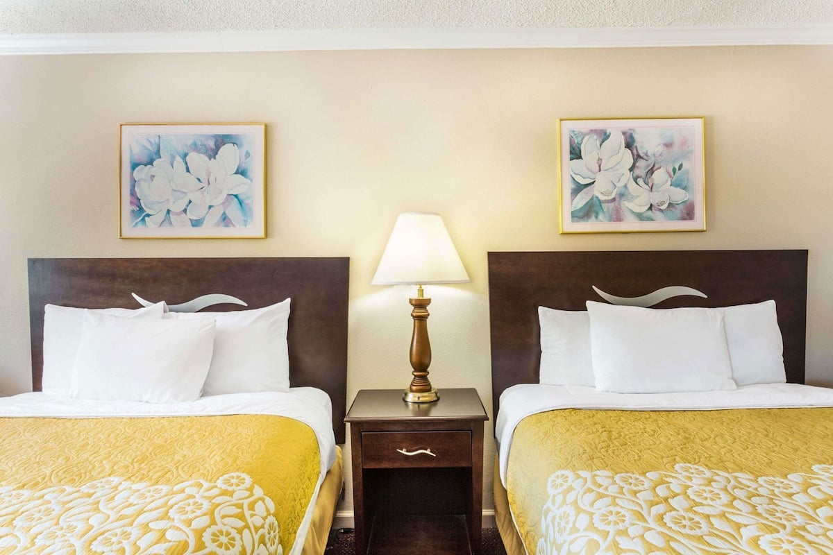 A hotel room with two beds, a nightstand with a lamp, and two floral paintings on the wall.