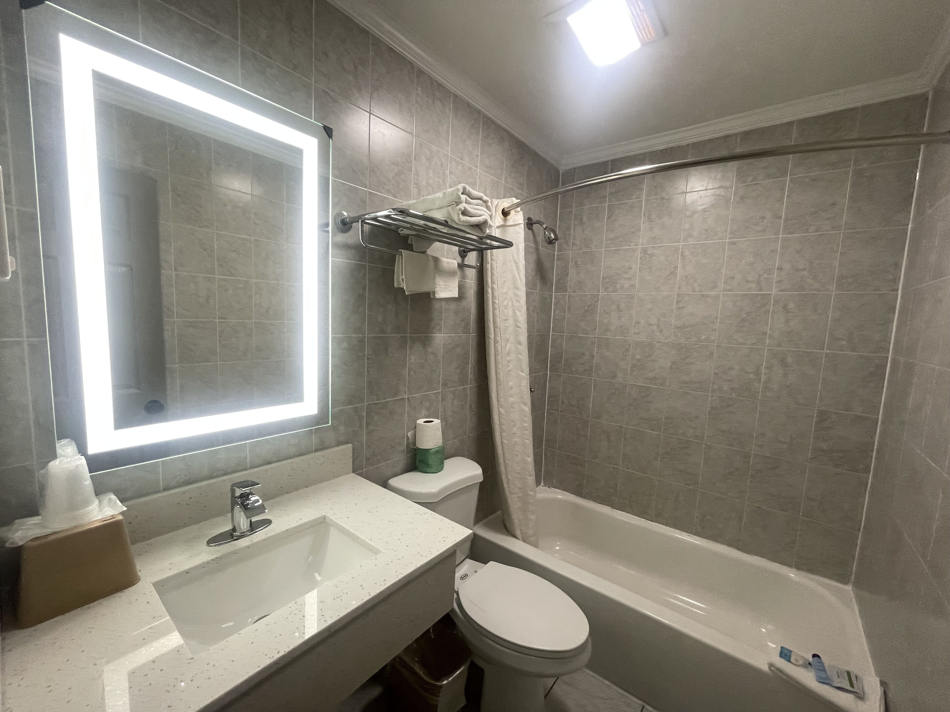 Une salle de bain avec un grand miroir, un lavabo, des toilettes et une baignoire.