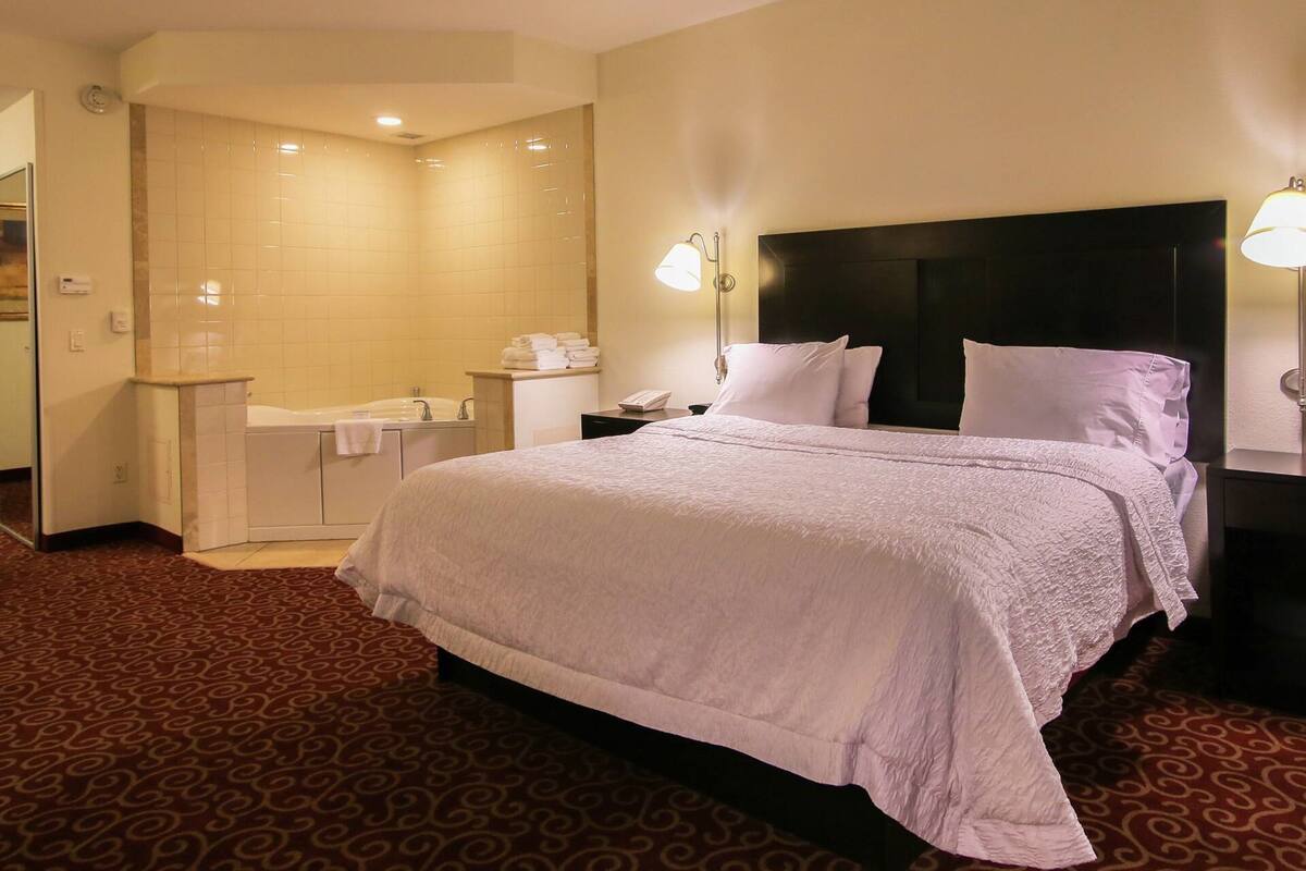 A hotel room with a large bed, a bathroom with a bathtub, and a carpeted floor.