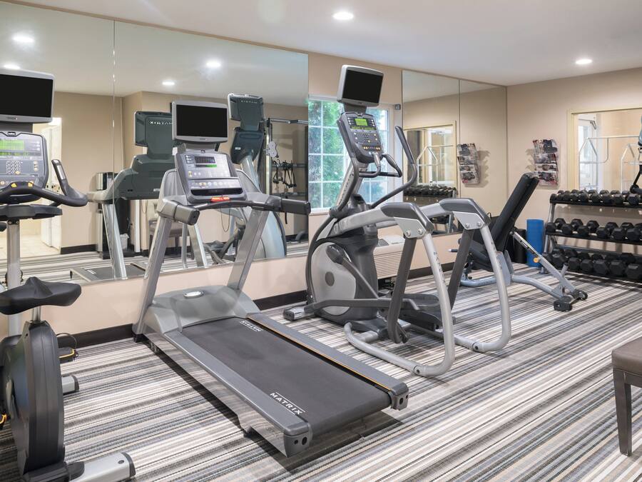 A gym with treadmills, elliptical machines, and free weights.