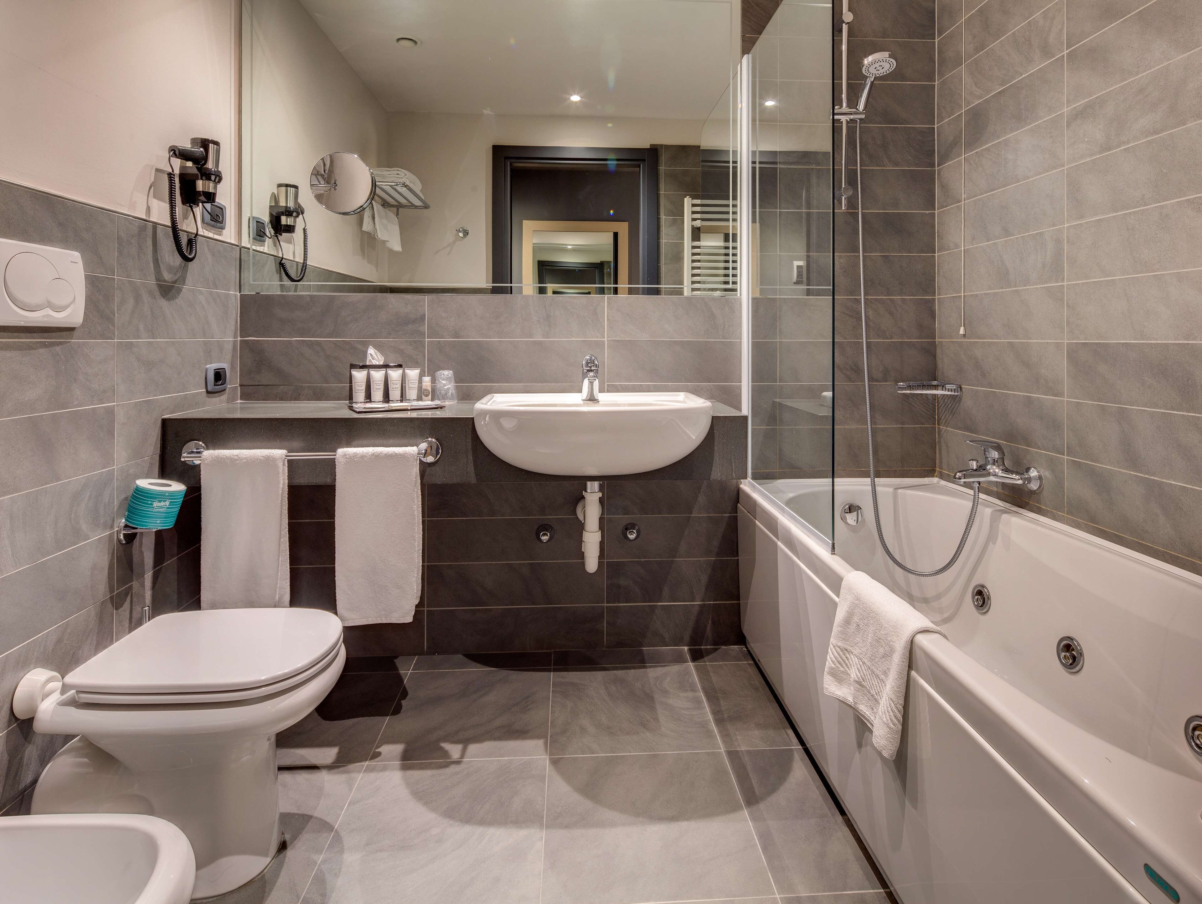 deluxe room, 1 queen bed, non smoking, jetted tub | bathroom | combined shower/bathtub, eco-friendly toiletries, hair dryer, slippers