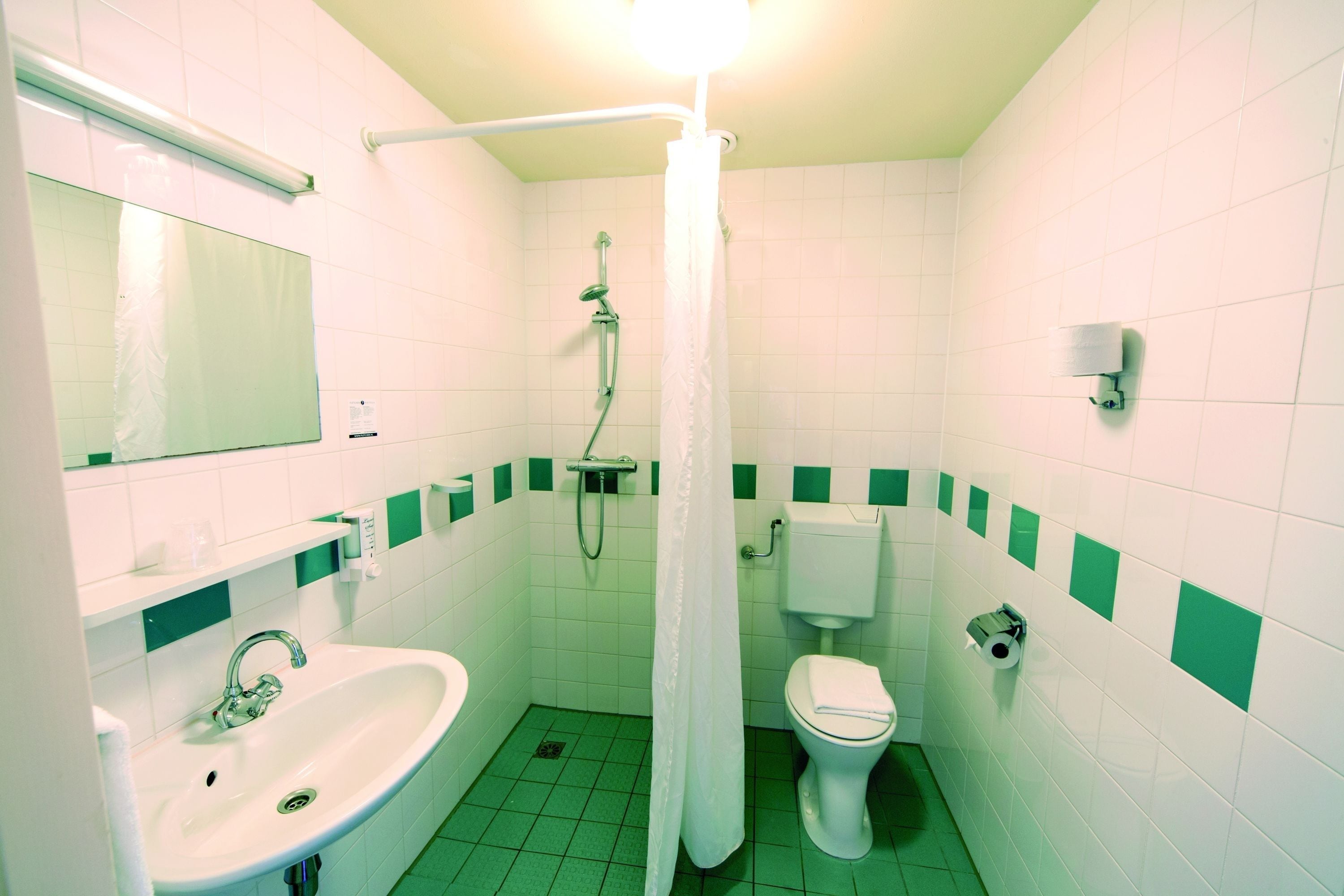 A small bathroom with a sink, toilet, and shower curtain.