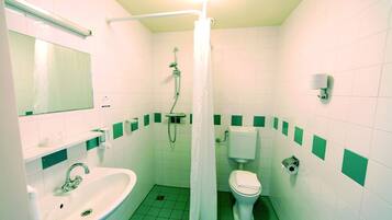 A small bathroom with a sink, toilet, and shower curtain.