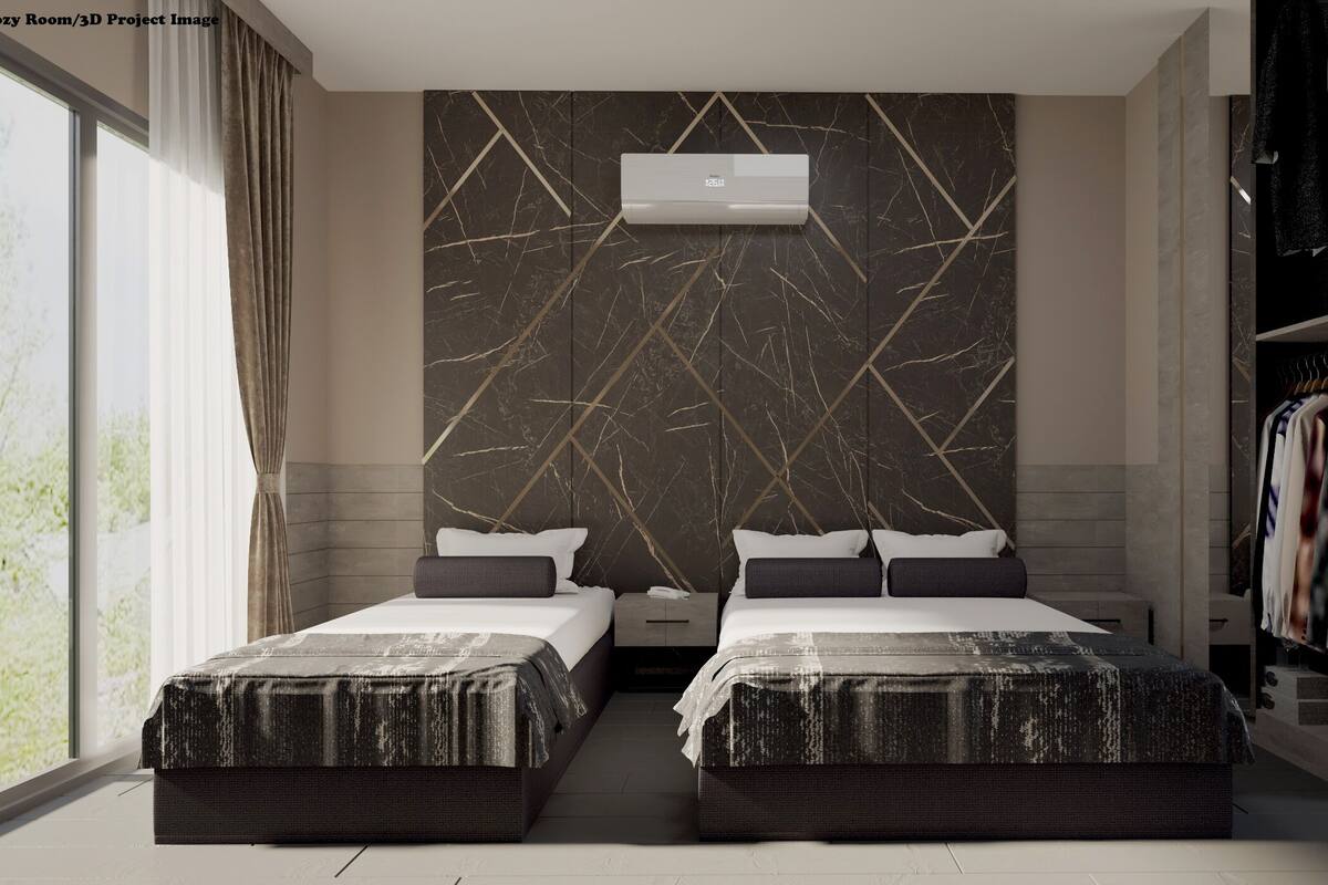 A modern bedroom with two beds, a large window, and a wardrobe.