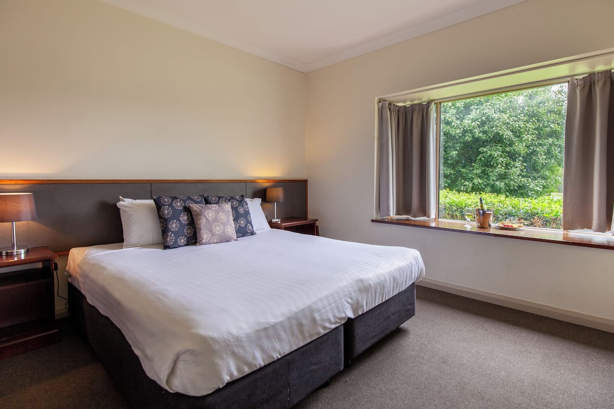 A hotel room with a large bed, two bedside tables, a window with curtains, and a view of greenery outside.