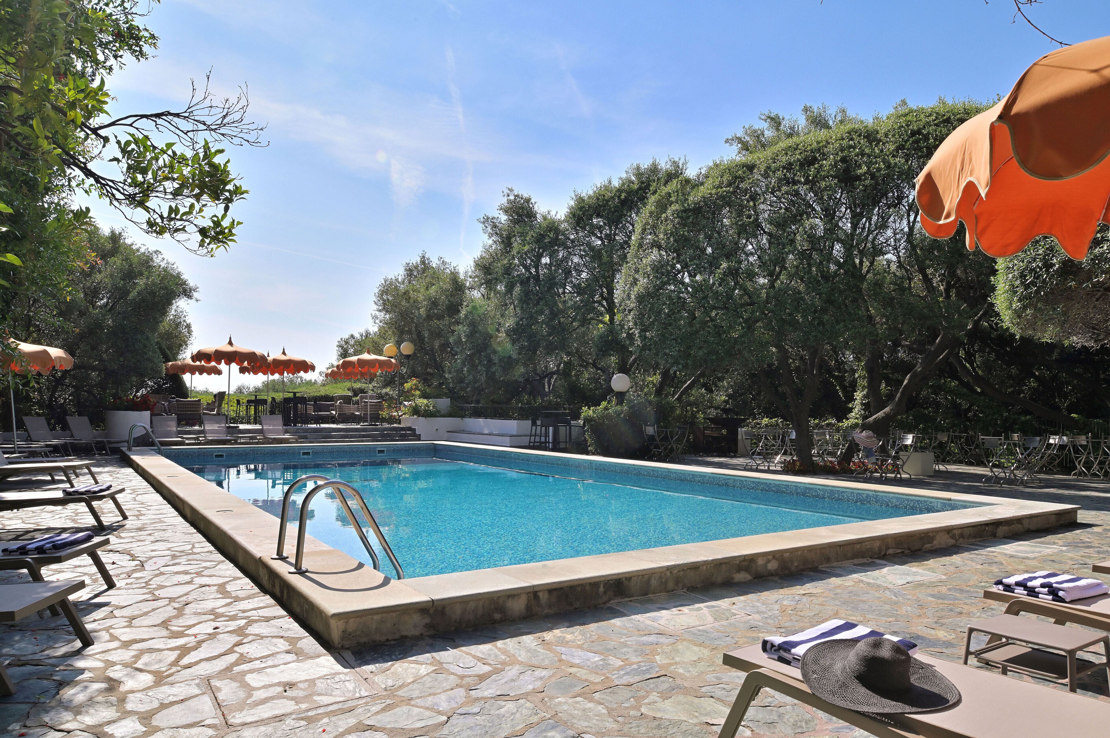 舒适客房 | 泳池 | 室外游泳池，池畔遮阳伞，日光浴躺椅