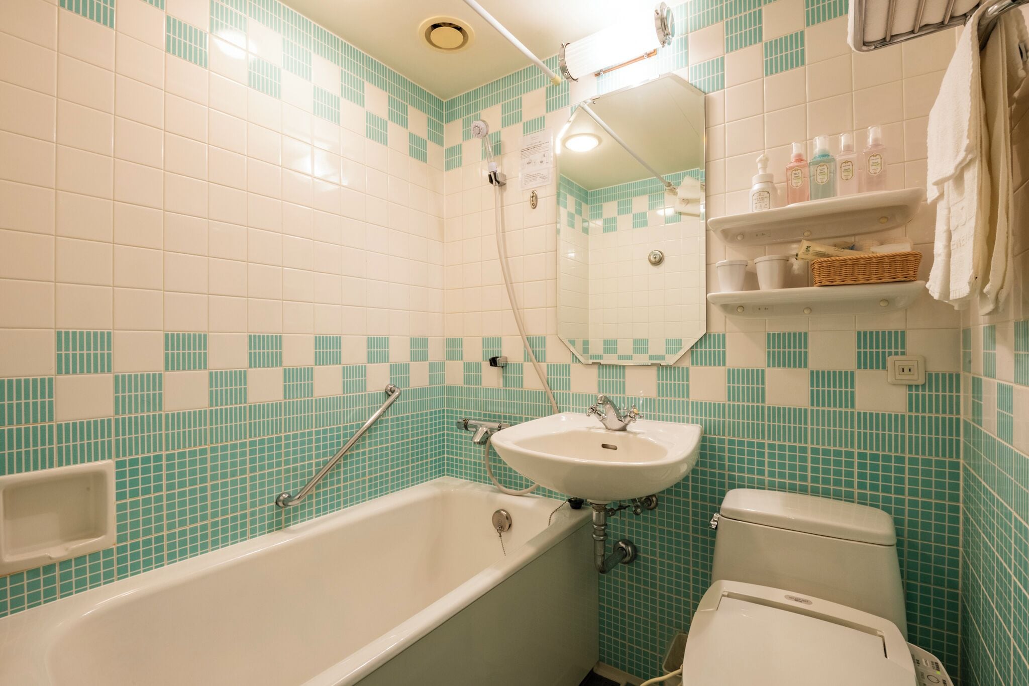 combined shower/bathtub, free toiletries, hair dryer, slippers
