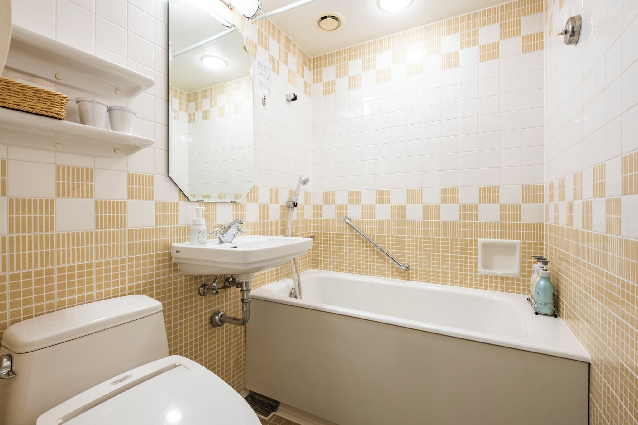 combined shower/bathtub, free toiletries, hair dryer, slippers