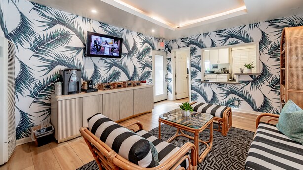 A modern living room with a television, a coffee machine, and a kitchen area with a white cabinet and a plant. - Santa Monica Hotel (Santa Monica)