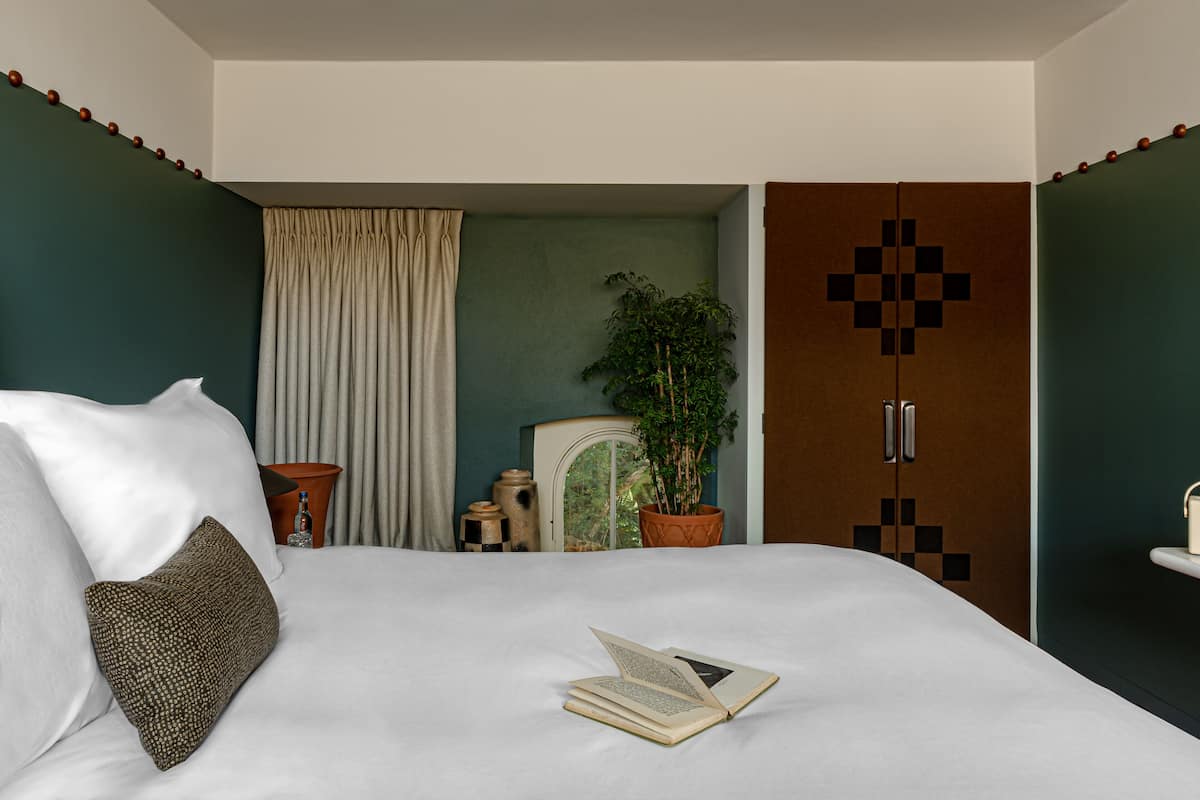 A neatly made bed with pillows, an open book, and a potted plant in a room with a green wall and a wooden wardrobe.