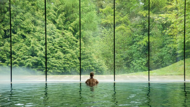 A person in a large indoor pool with a view of dense green trees through tall windows. - Cowley Manor Experimental (Cheltenham)
