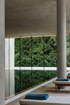 Indoor pool, outdoor pool, pool umbrellas, sun loungers