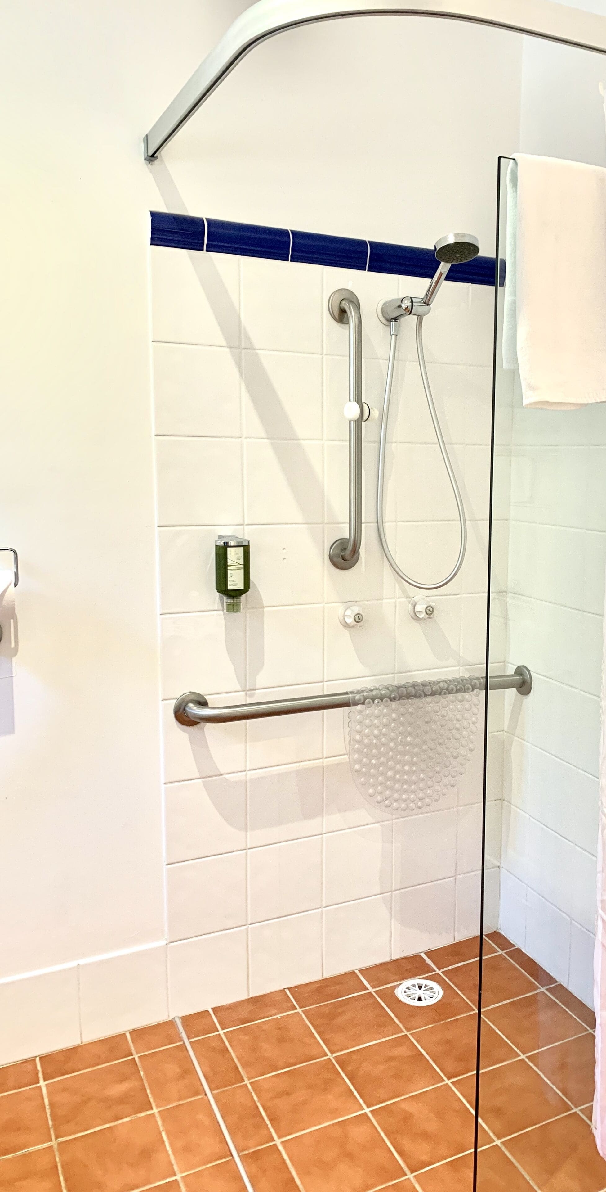 A shower area with a glass door, a handheld showerhead, a wall-mounted faucet, and a grab bar.