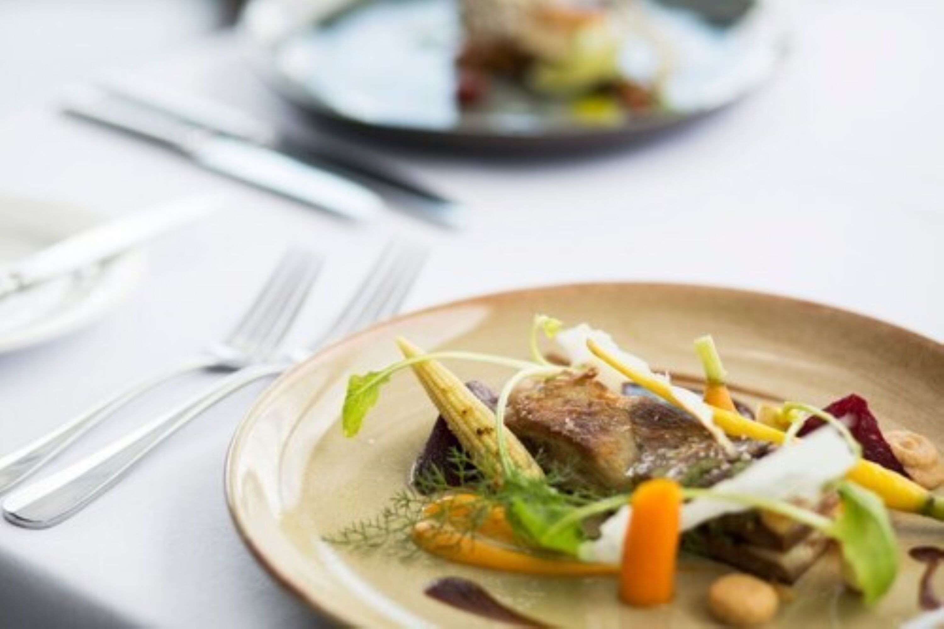 A plate of food with various vegetables and a piece of meat, accompanied by cutlery on a table.
