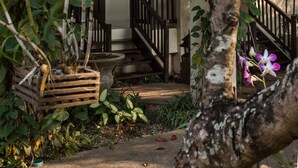 Um edifício de dois andares com varanda, rodeado por árvores e plantas.