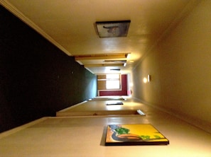 A narrow hallway with a painting on the wall and a door at the end.