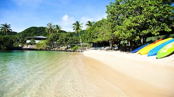 On the beach, white sand, snorkelling, kayaking