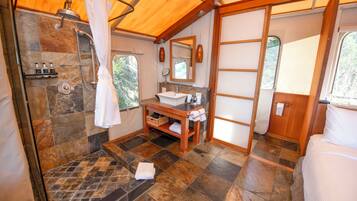 Une salle de bain avec une douche, un lavabo et un miroir.