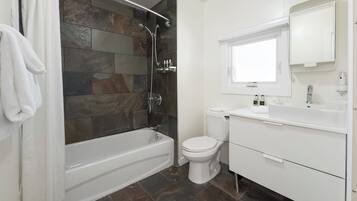 Un baño moderno con ducha de piedra, inodoro y lavabo con espejo.