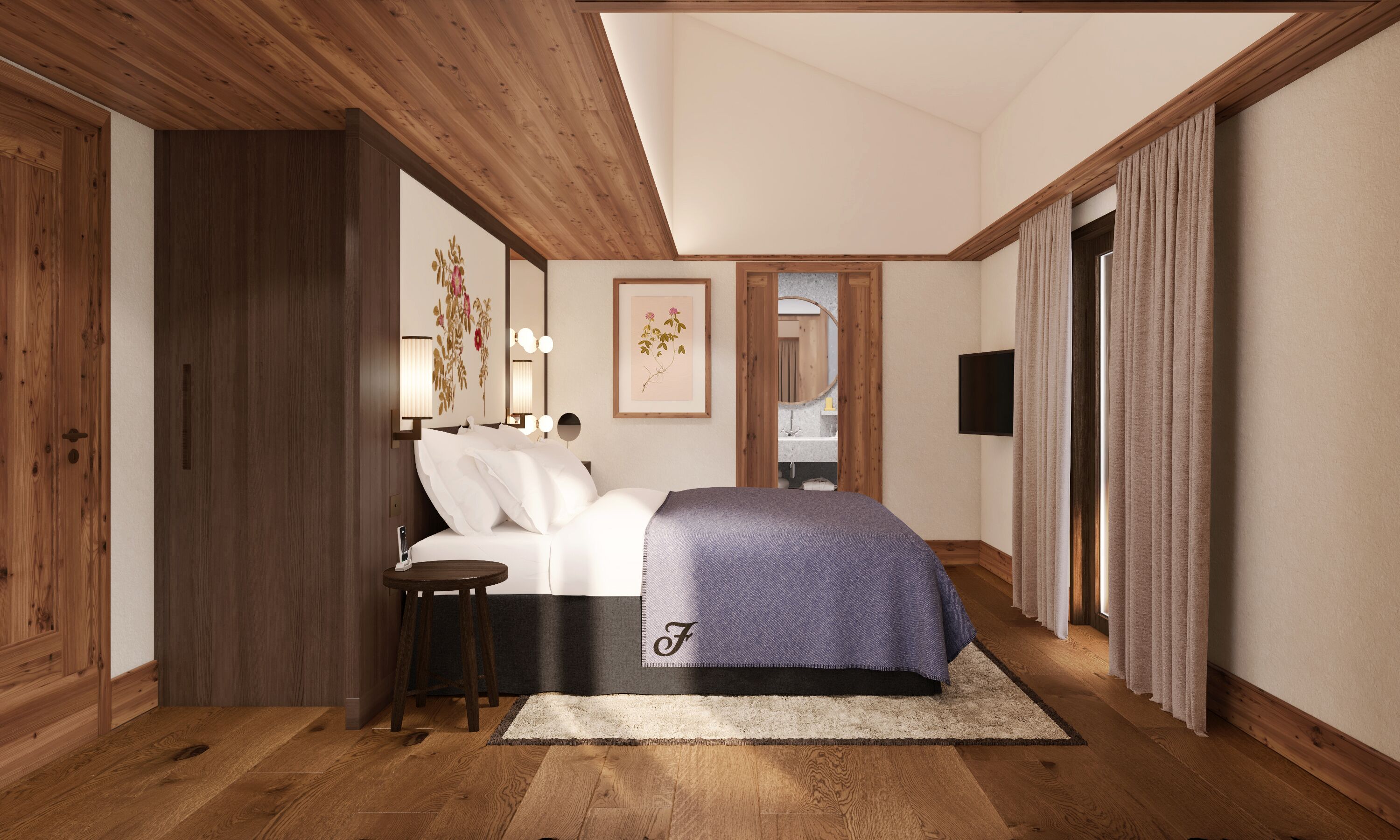 A bedroom with a wooden ceiling, a bed with a blue blanket, a small bedside table, and a mirror.