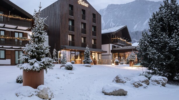 Un hôtel moderne avec une façade en bois, de nombreuses fenêtres et une enseigne portant le nom « Falcon ».
