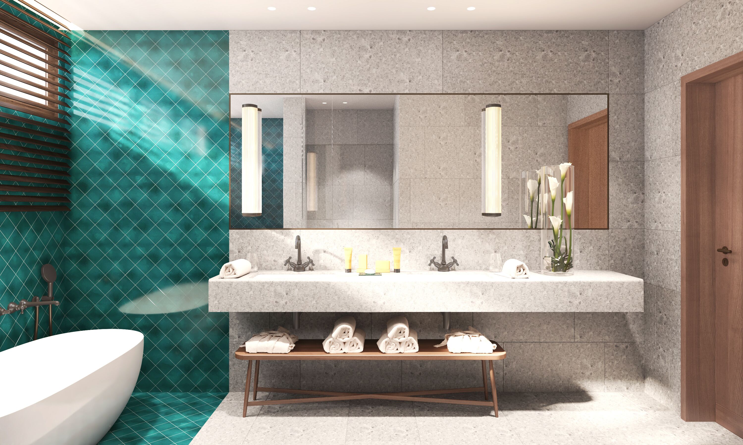 A modern bathroom with a freestanding bathtub, a large mirror, and a vanity with a sink.