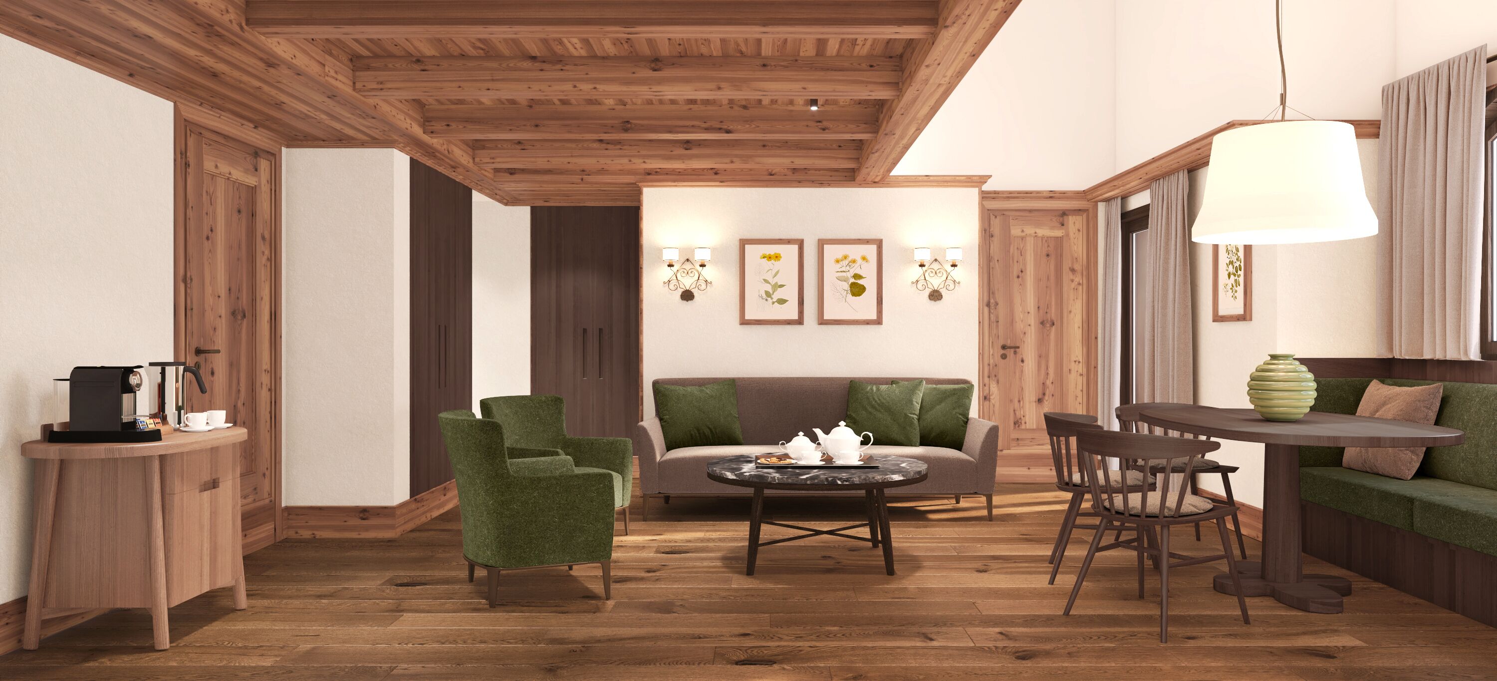 Un salon chaleureux doté d’un plancher en bois, d’un canapé, de deux fauteuils, d’une table basse et d’un coin repas avec une table et des chaises.