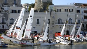 Veleros amarrados en un puerto con una torre histórica al fondo.