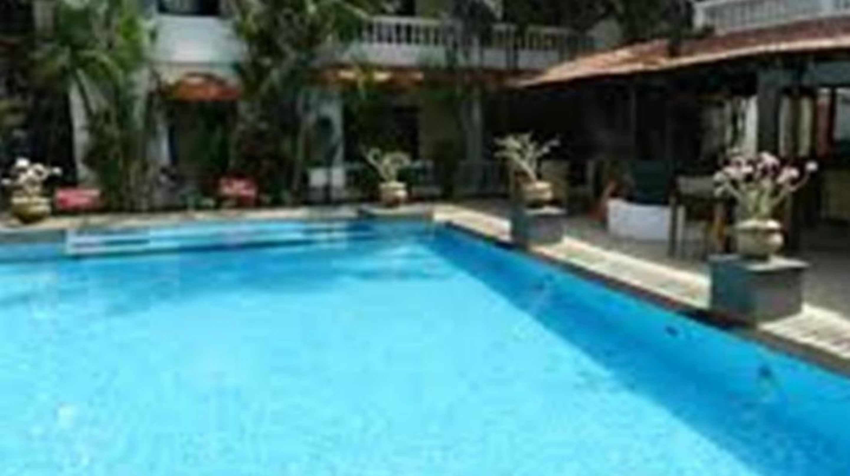 Una piscina con superficie de agua azul cristalina, rodeada de plantas en macetas y un edificio con balcón.