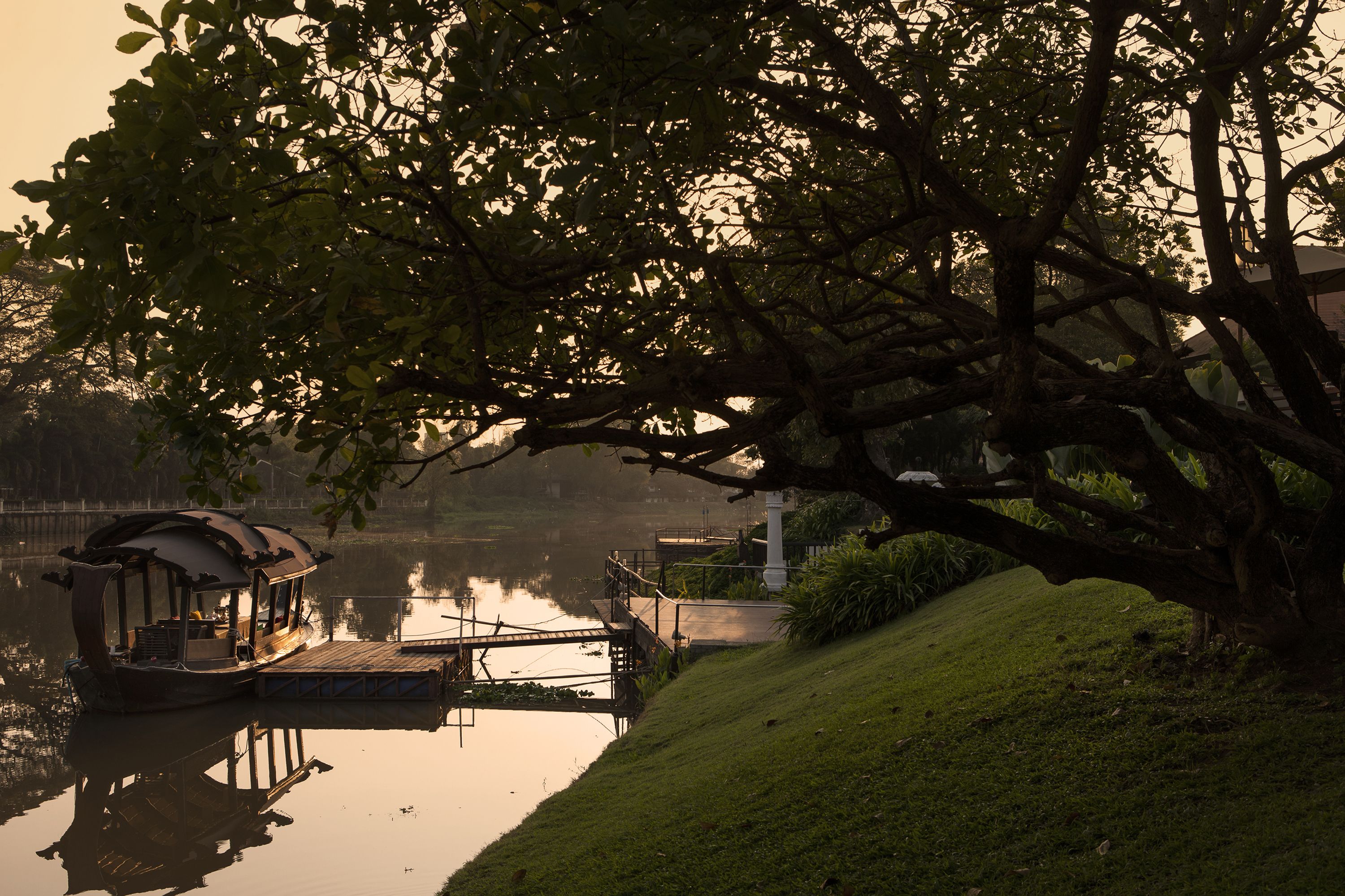Una casa flotante atracada en un muelle a orillas del lago, con una orilla cubierta de hierba y un gran árbol en primer plano.