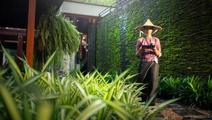 Une personne vêtue d’un costume traditionnel se tient dans un jardin luxuriant, avec un mur recouvert de mousse et une structure en bois en arrière-plan.