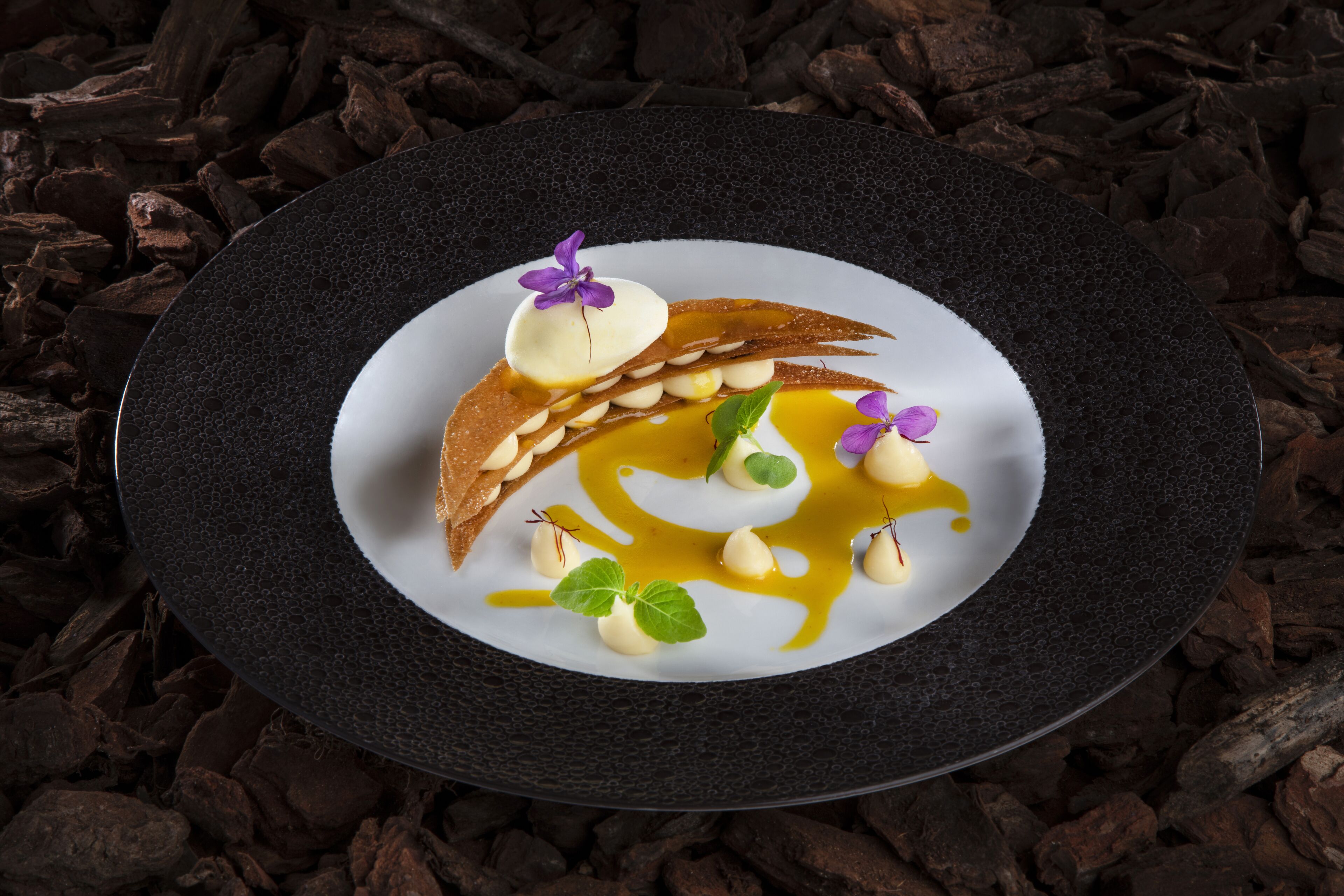 A dessert on a black plate with chocolate shavings and white cream, surrounded by chocolate pieces.