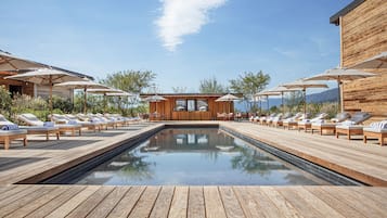 Indoor pool, outdoor pool, pool loungers