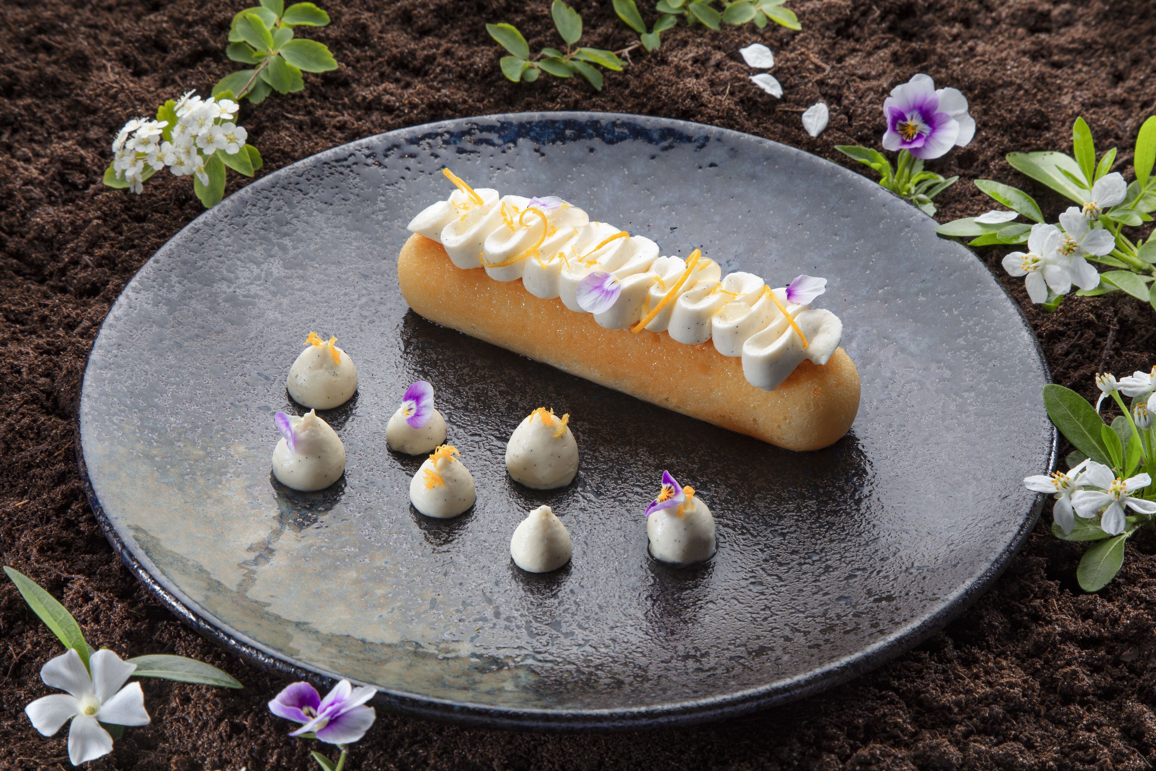 A dessert on a plate with flowers around it.