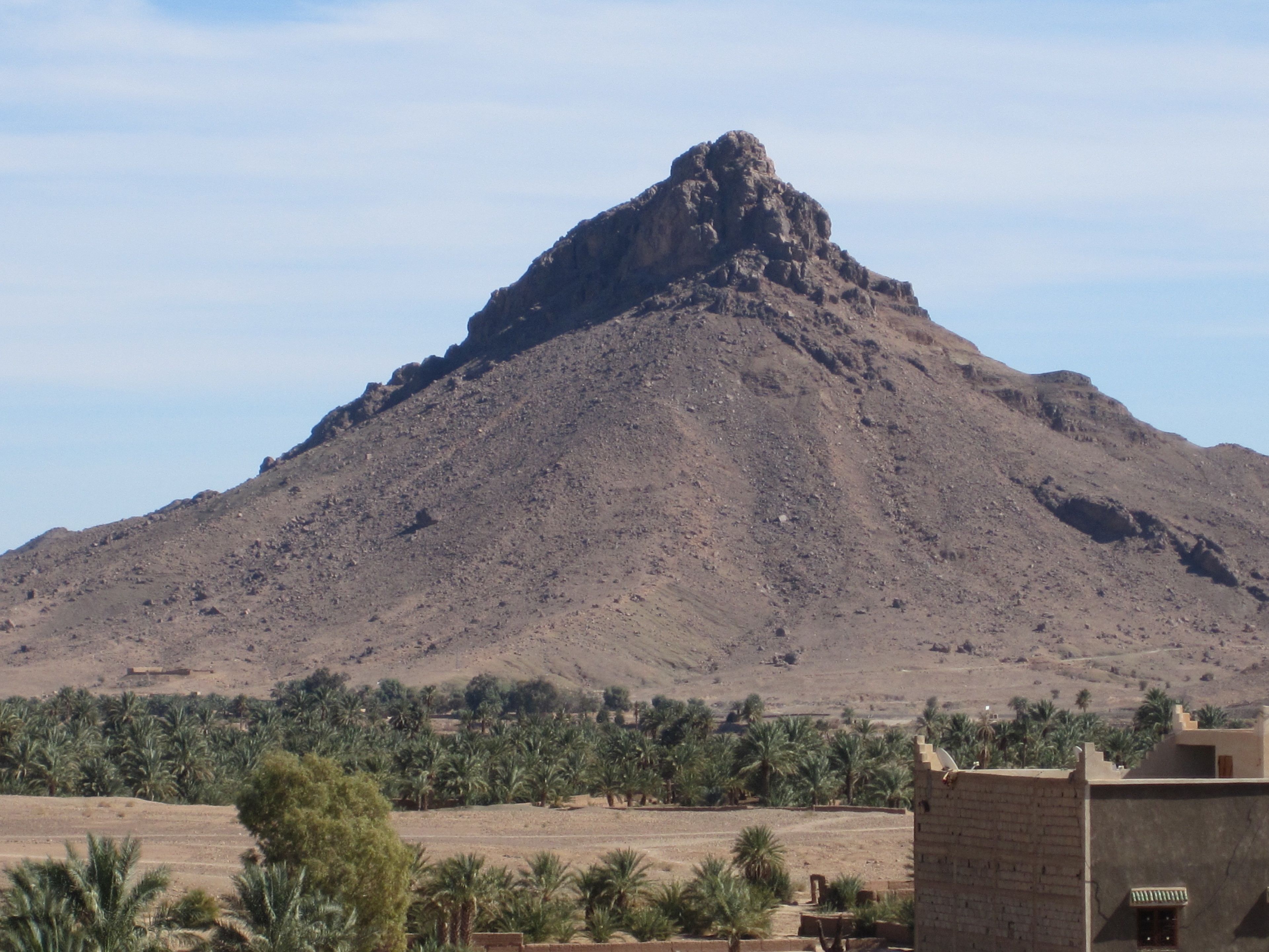 Una montaña con un pico rocoso, rodeada de palmeras y algunos edificios.
