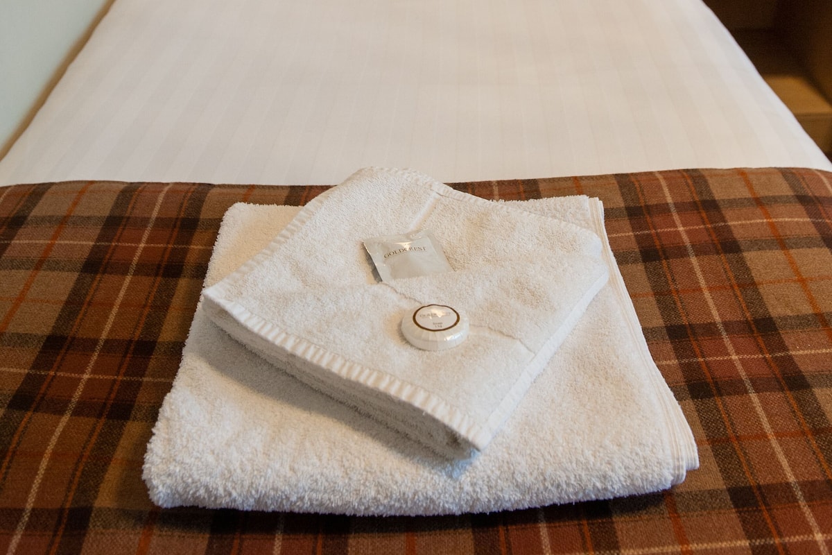 A neatly made bed with plaid bedding, a white pillow, and a folded white towel on a matching plaid bedspread.