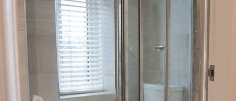 A bathroom with a glass-enclosed shower, a toilet, and a window with blinds.