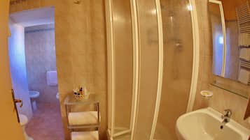 Une salle de bain avec douche, toilettes et lavabo.