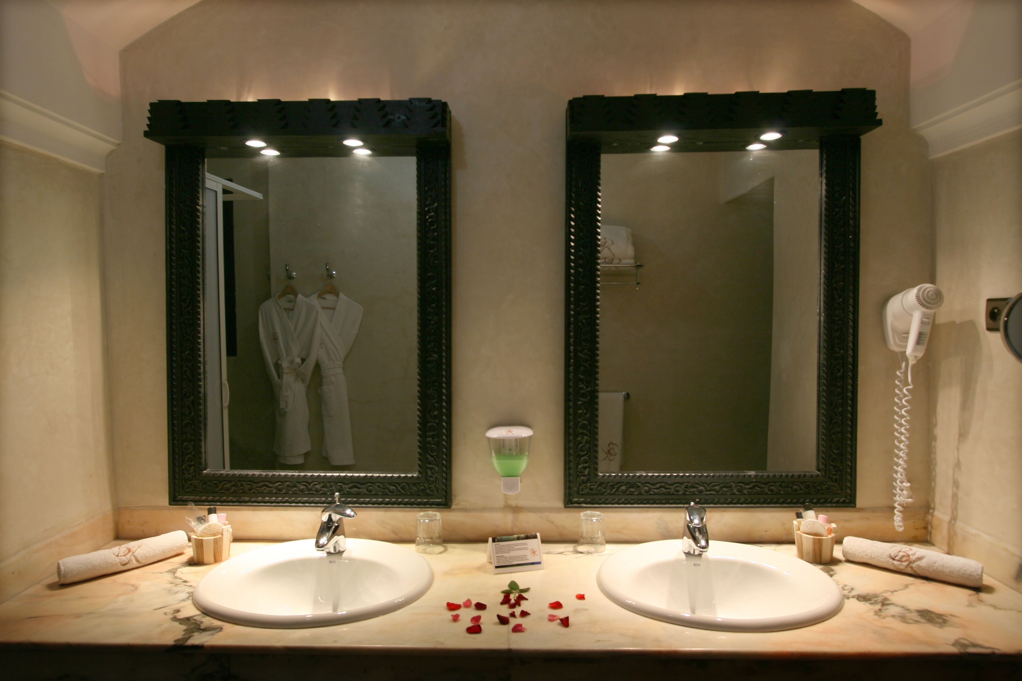 A bathroom with two sinks, a mirror, and a hairdryer.