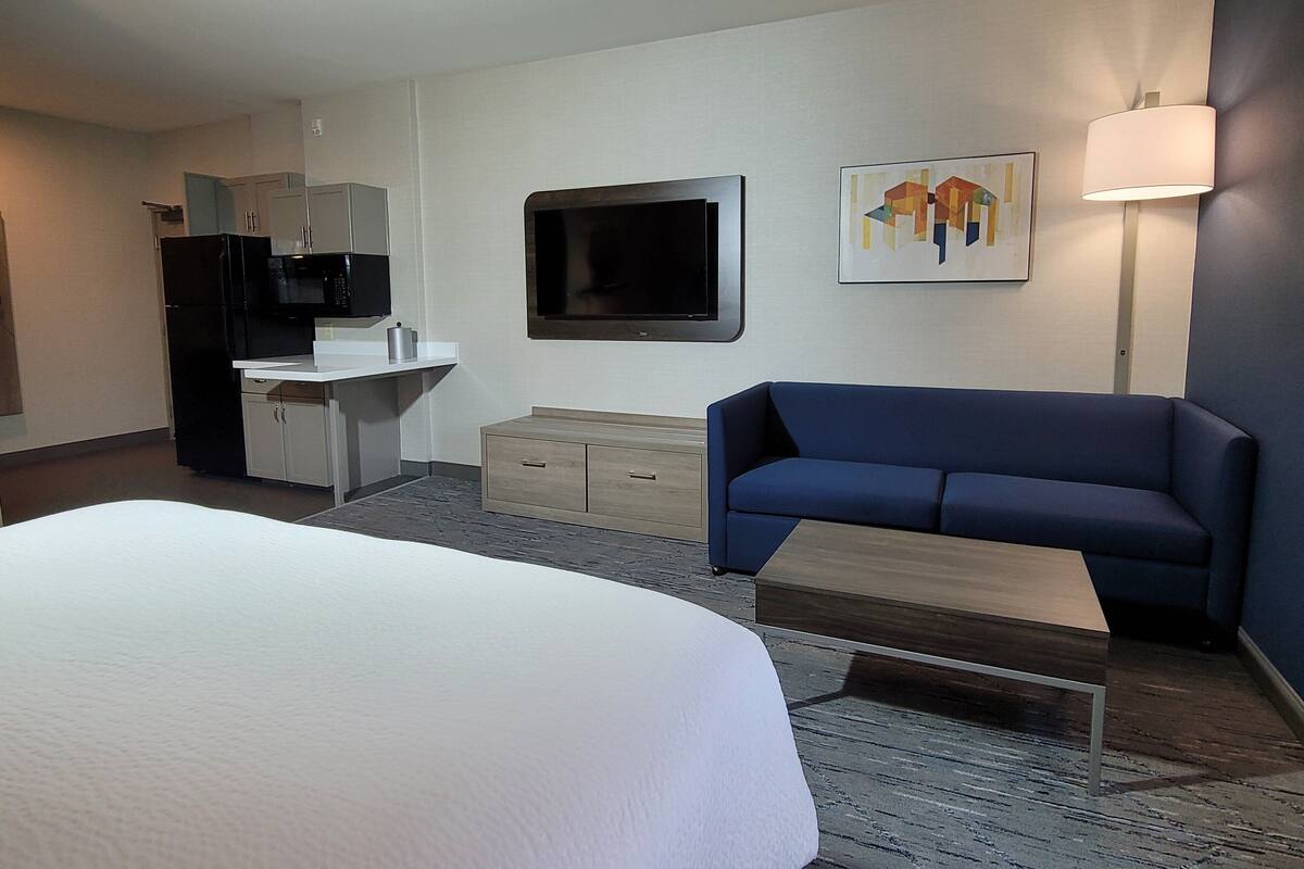 A hotel room with a bed, a desk, a television, a sofa, and a lamp.