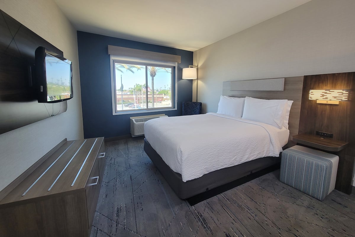 A hotel room with a large bed, a TV mounted on the wall, a window with a view of palm trees, and a nightstand with a lamp.