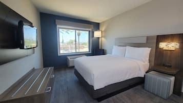 Et hotelværelse med en stor seng, et vægmonteret fjernsyn, et vindue med udsigt til palmer og et natbord med en lampe.