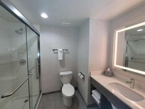 A modern bathroom with a glass shower enclosure, a toilet, and a vanity with a mirror.