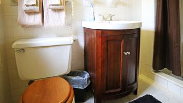 A bathroom with a toilet, sink, vanity, and a mirror.