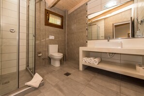 A modern bathroom with a glass shower enclosure, a toilet, and a vanity with a mirror. - Sea View Village - Studios & Apartments (Zakynthos)